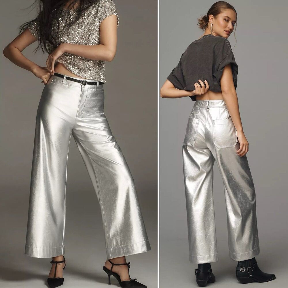 Maeve The Ettie High Rise Crop Wide-Leg Pants Metallic Faux-Leather Size 26 - Picture 2 of 16